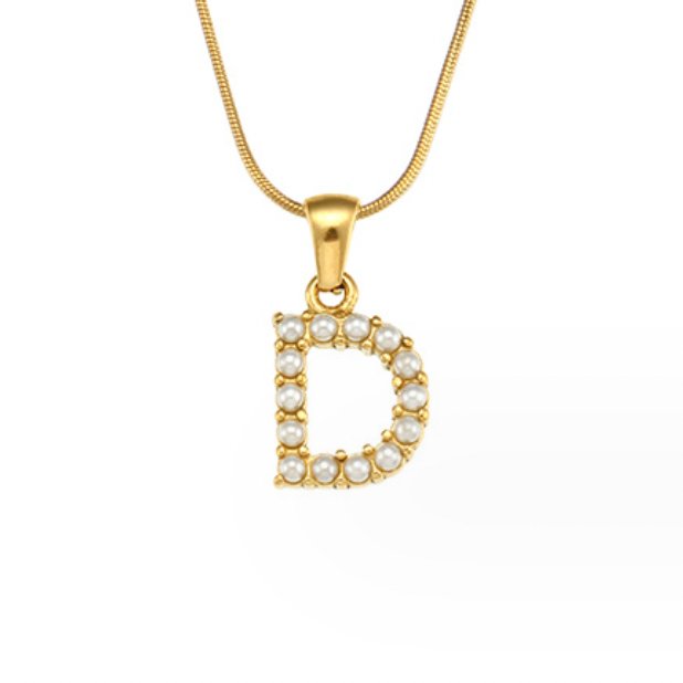 Letter Pearl Charm Necklace, gold letter D pendant studded with pearls on a gold chain