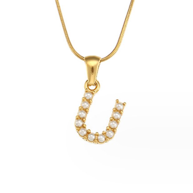 Letter Pearl Charm Necklace, gold snake chain with a pearl-studded U-shaped letter pendant