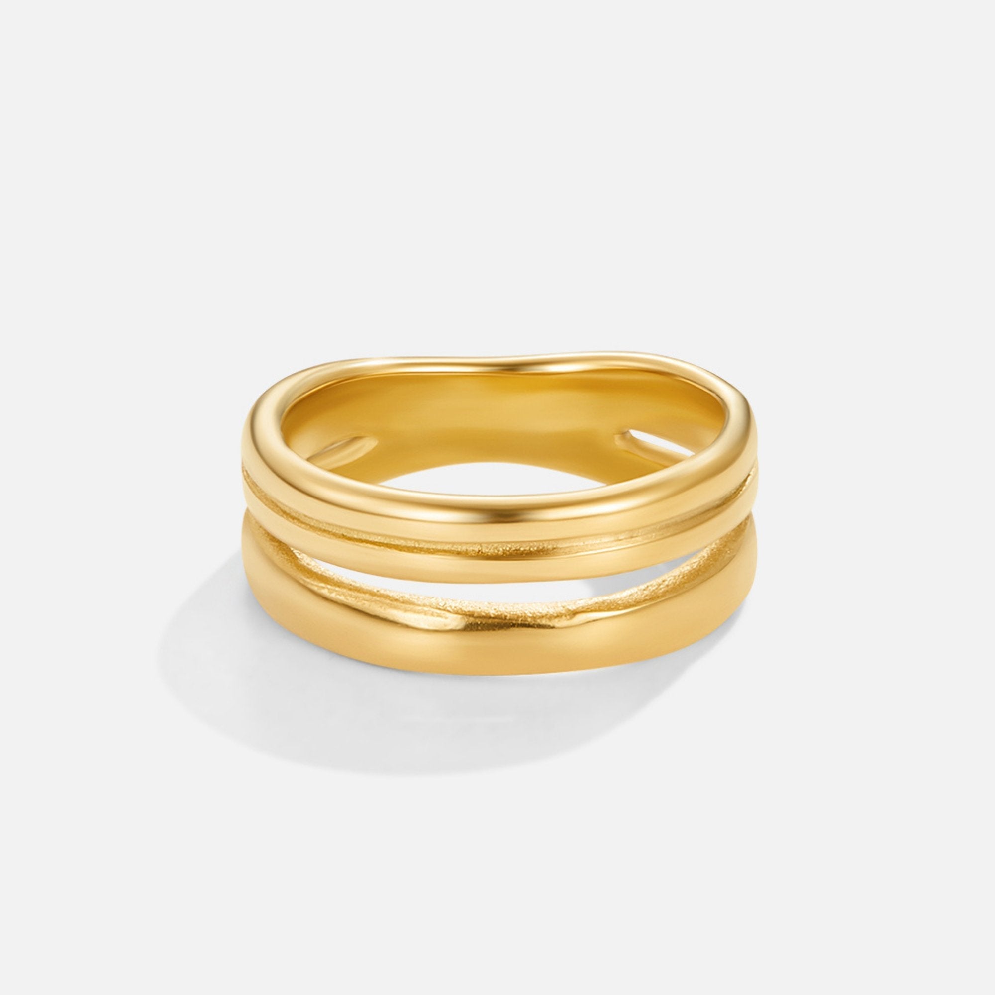 Lia Layered Gold Ring, polished gold ring with two wavy bands, shown upright on white