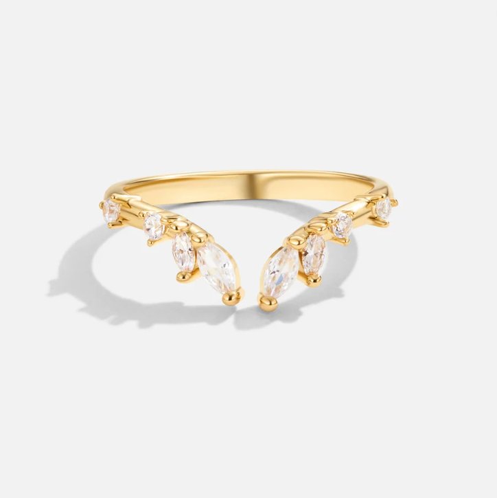 Lily Crystal Gold Vine Ring, gold ring with a V-shaped row of white marquise and round stones