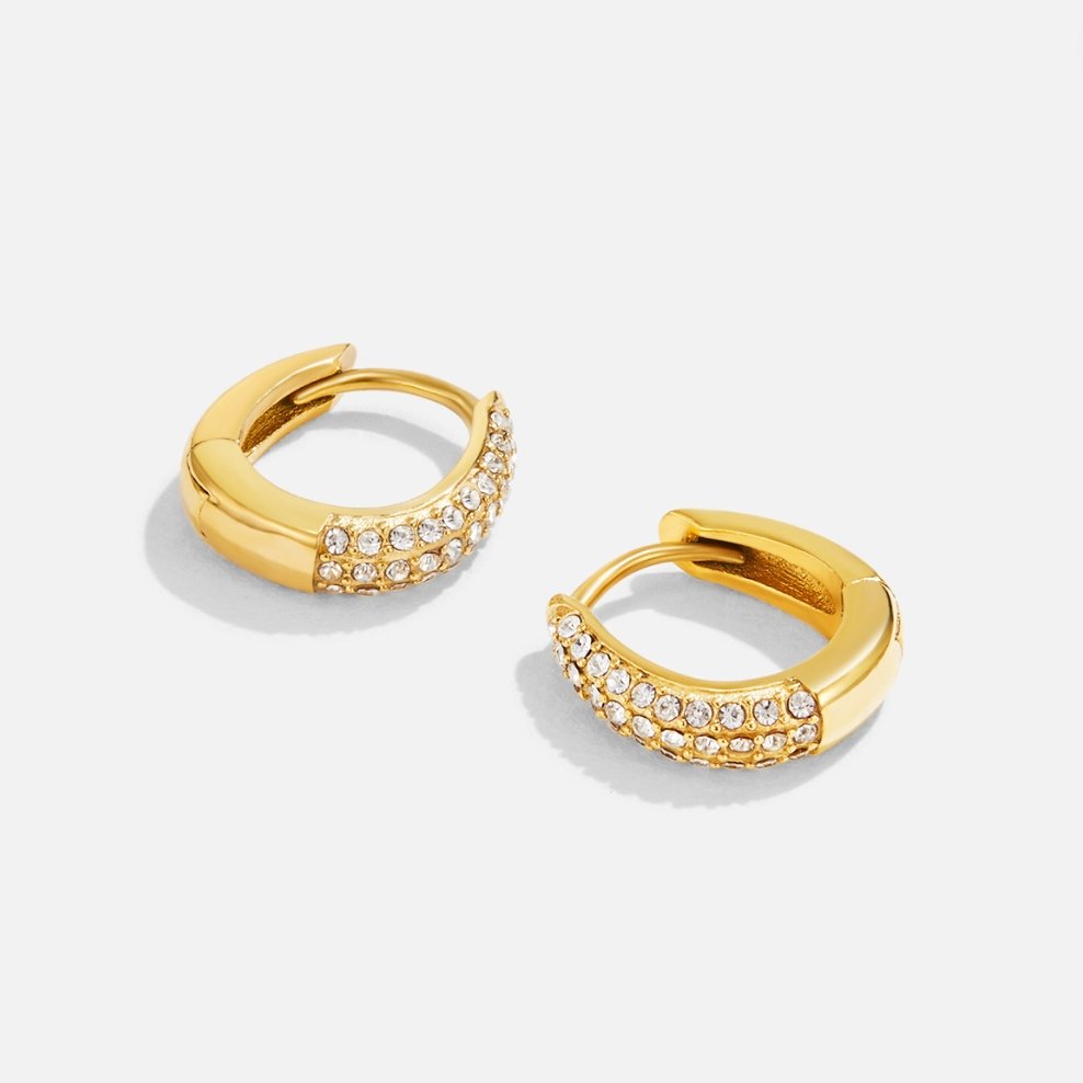 Lily Crystal Hoop Earrings, pair of gold hoops with crystal-paved upper halves on white