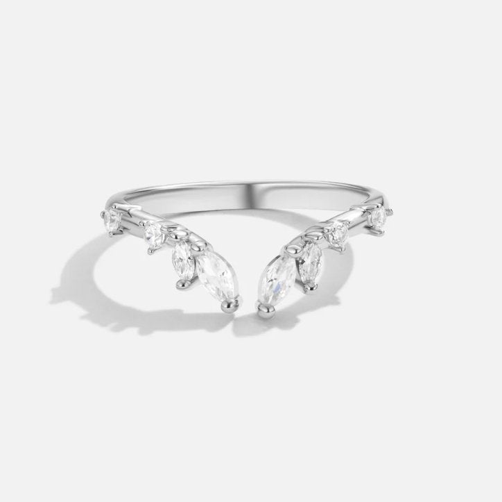 Lily Crystal Silver Vine Ring, ring lying open on a plain white background, silver with clear