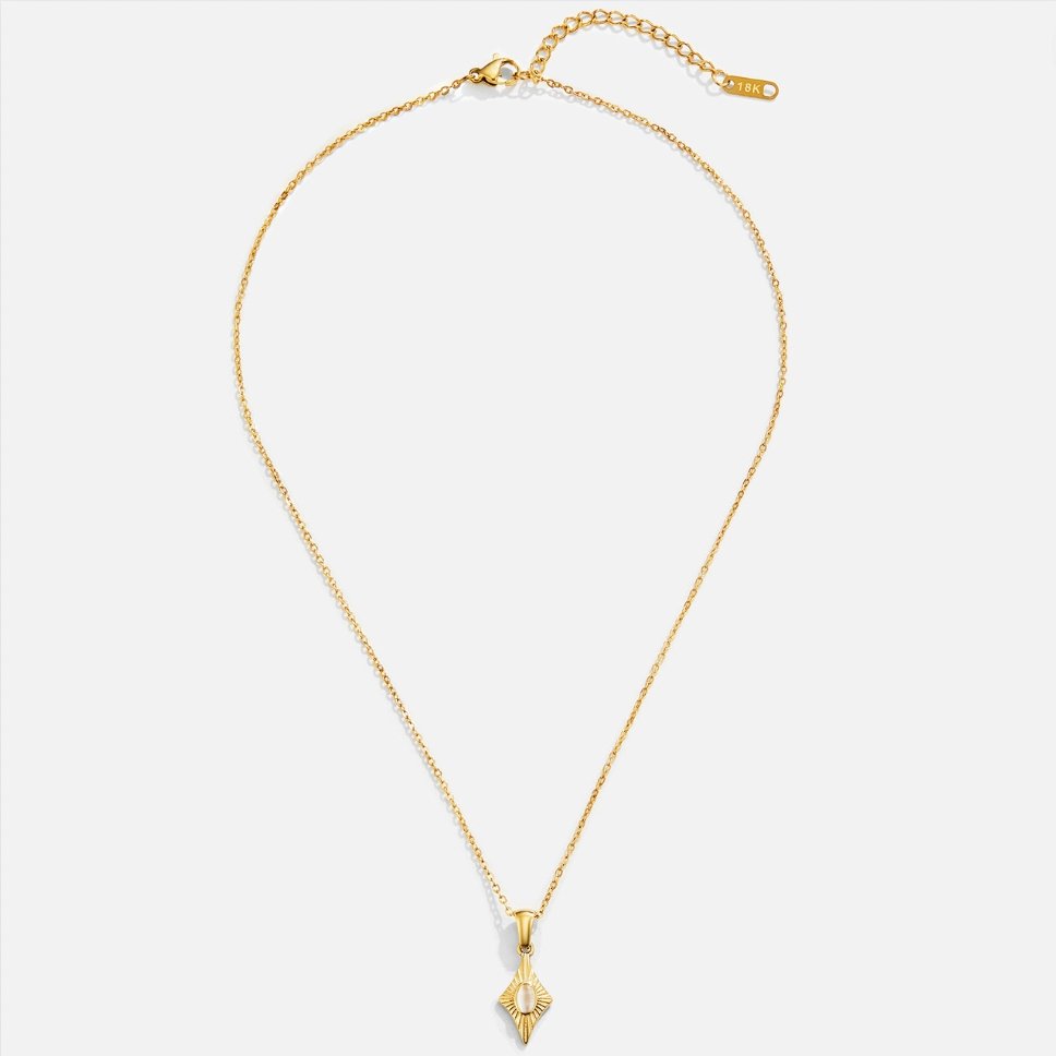 Luna White Opal Gold Necklace, flat lay of gold chain with diamond-shaped pendant and pale