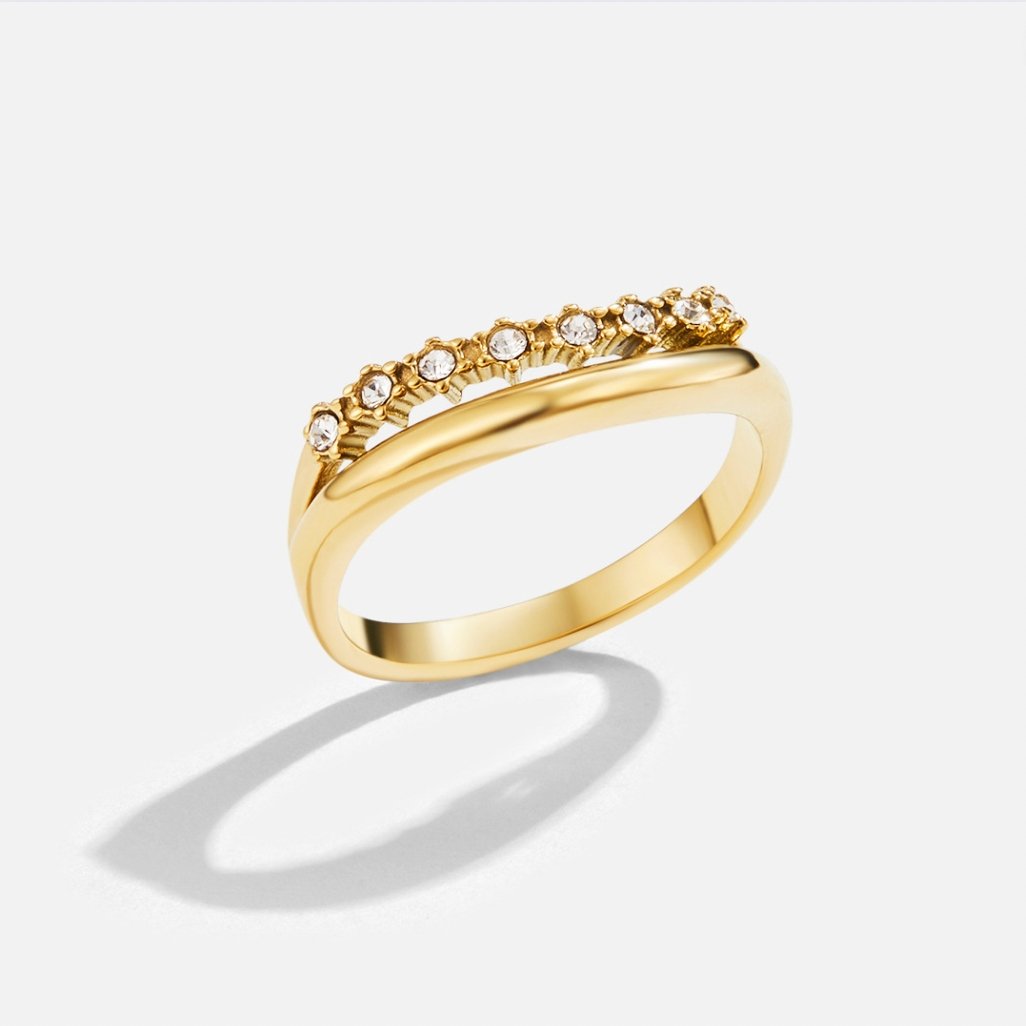 Marissa White Crystal Layered Ring, gold ring with a row of small clear stones on a plain