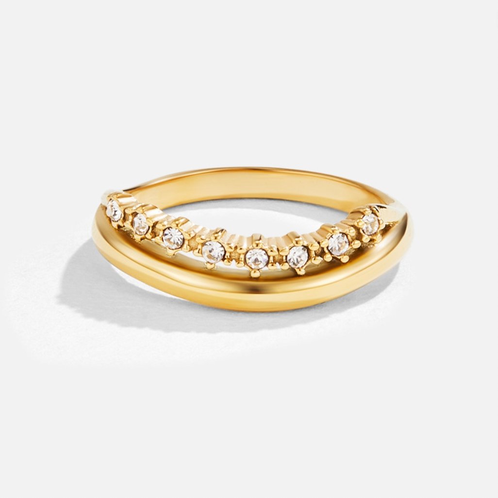 Marissa White Crystal Layered Ring, gold ring on white background with a row of small clear stones