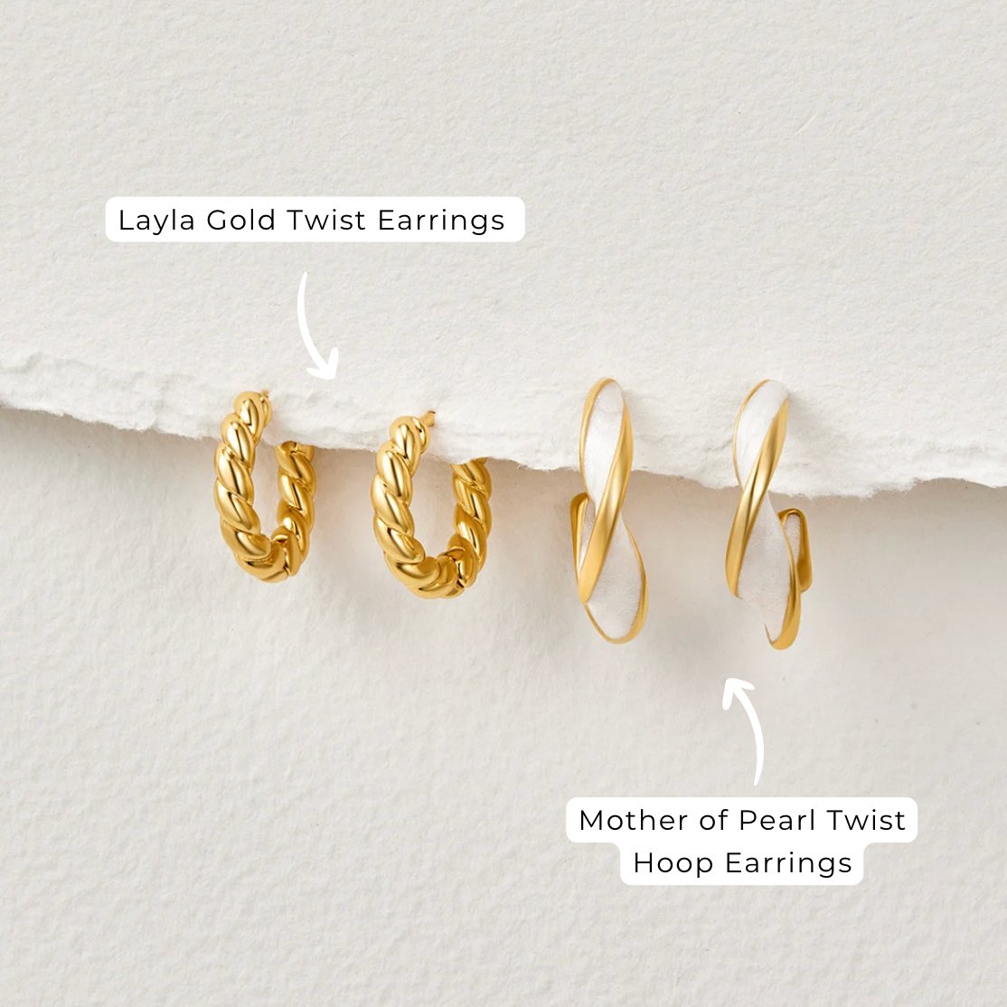 Mother of Pearl Twist Hoop Earrings, two pairs of gold hoops on pale paper; left pair twisted