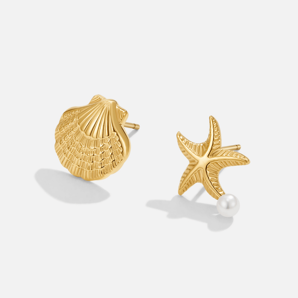 Naia Shell & Starfish Gold Earrings, mismatched gold shell and starfish stud earrings on