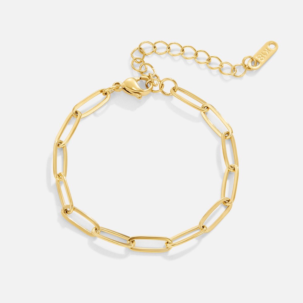 Paperclip Gold Bracelet, flat lay of a gold chain bracelet with lobster clasp and extender