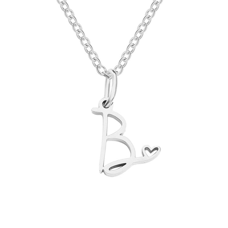 Silver Letter Heart Necklace, silver letter B pendant with small heart on a fine chain, on white