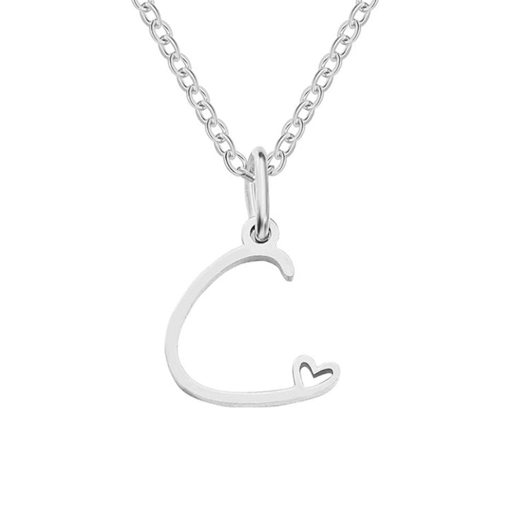 Silver Letter Heart Necklace, silver letter C pendant with a small cut-out heart on a fine chain
