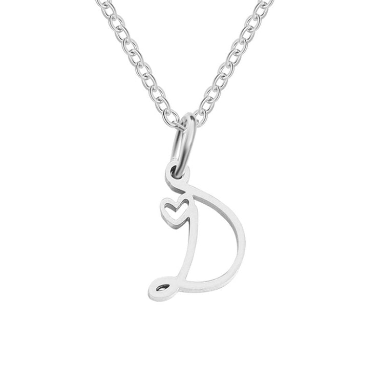 Silver Letter Heart Necklace, silver script letter pendant with a small heart cutout on a fine chain