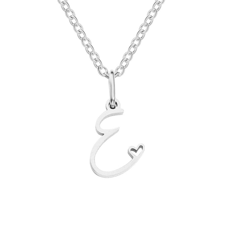Silver Letter Heart Necklace, silver chain necklace with a script letter pendant, small heart cutout