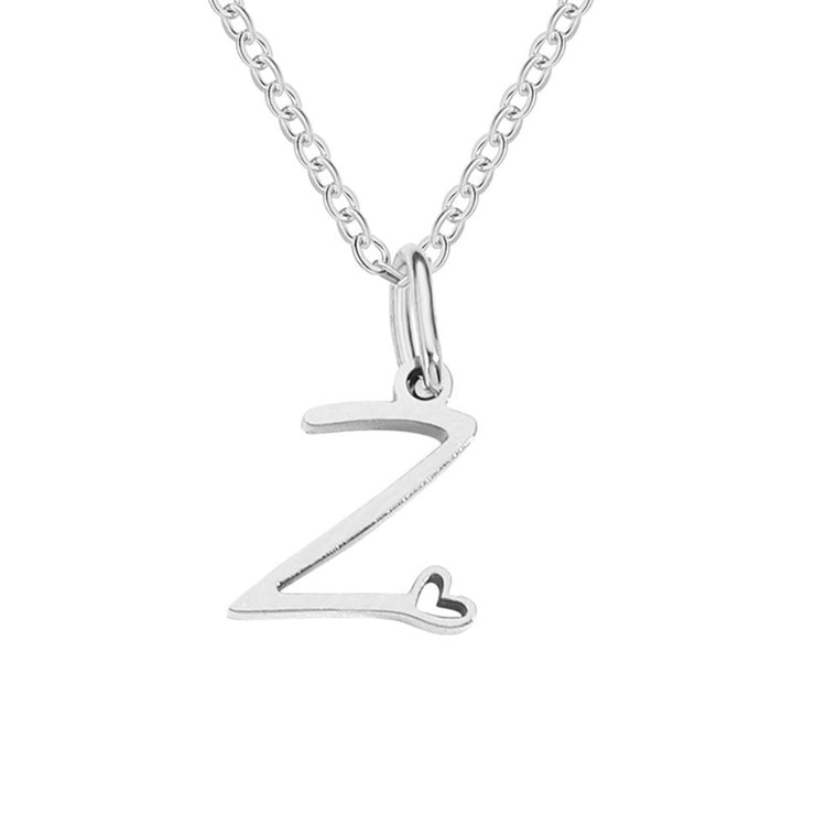 Silver Letter Heart Necklace, silver letter Z pendant on a fine chain, heart cut into the tail