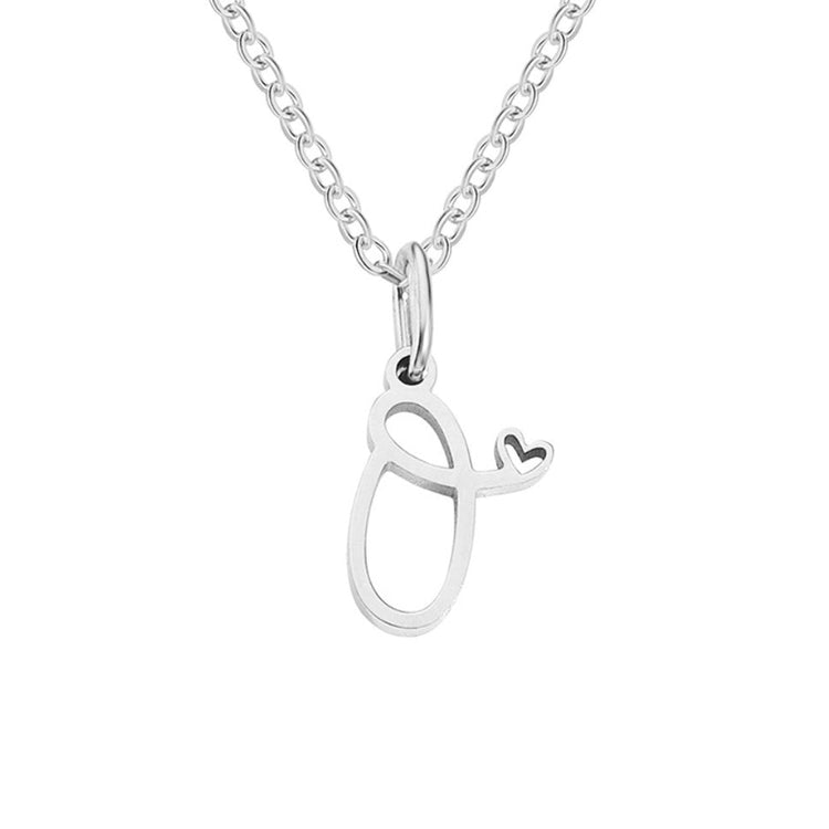 Silver Letter Heart Necklace, silver chain with open script letter pendant and small heart, on