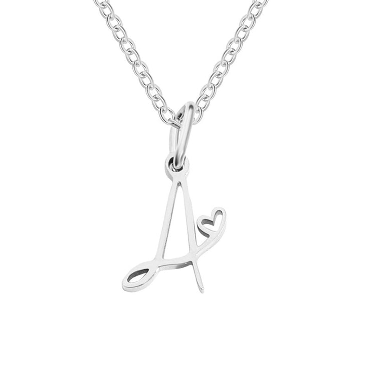 Silver Letter Heart Necklace, silver script letter A pendant with a small heart on a fine chain