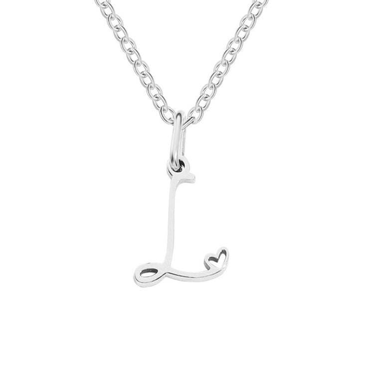 Silver Letter Heart Necklace, silver script letter L pendant on a fine chain, plain white background