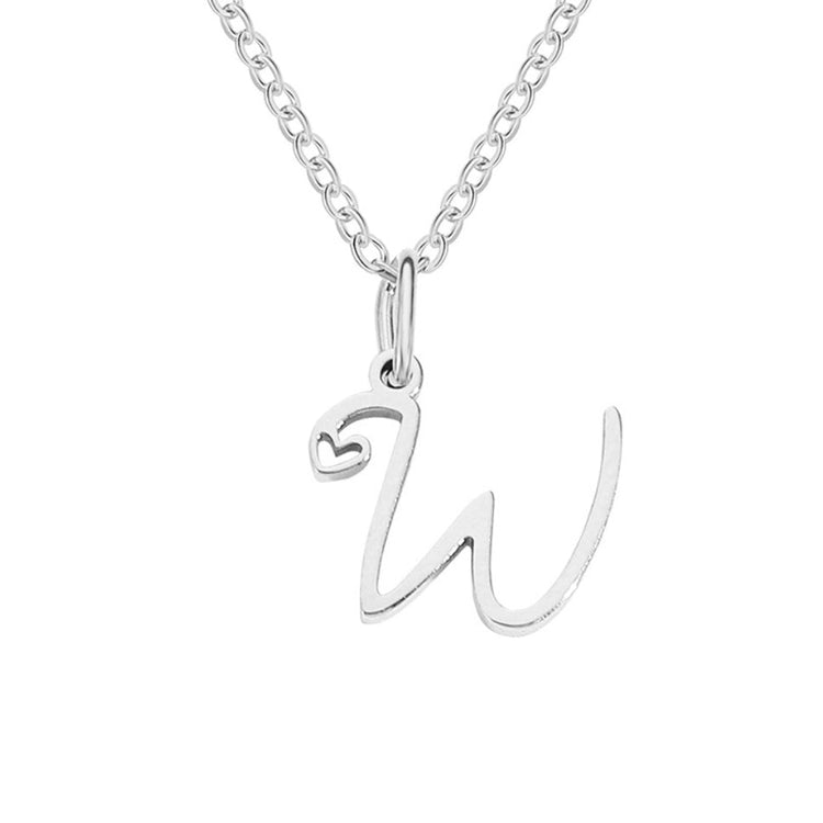 Silver Letter Heart Necklace, silver script letter W pendant with a small heart on a fine chain