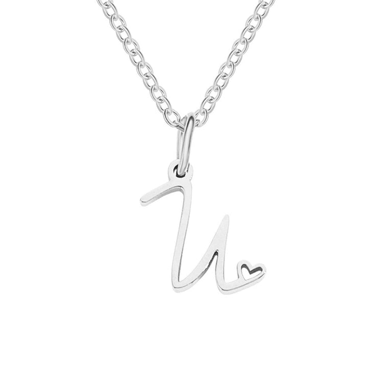 Silver Letter Heart Necklace, silver script letter pendant with small heart on chain, on white