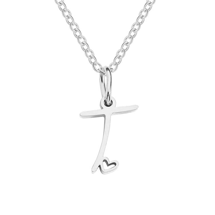 Silver Letter Heart Necklace, silver script letter T pendant with a small open heart on a fine chain