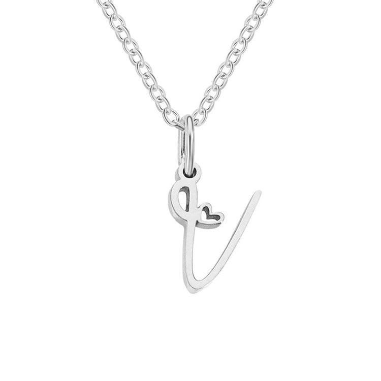 Silver Letter Heart Necklace, silver script letter pendant on a fine chain, plain white