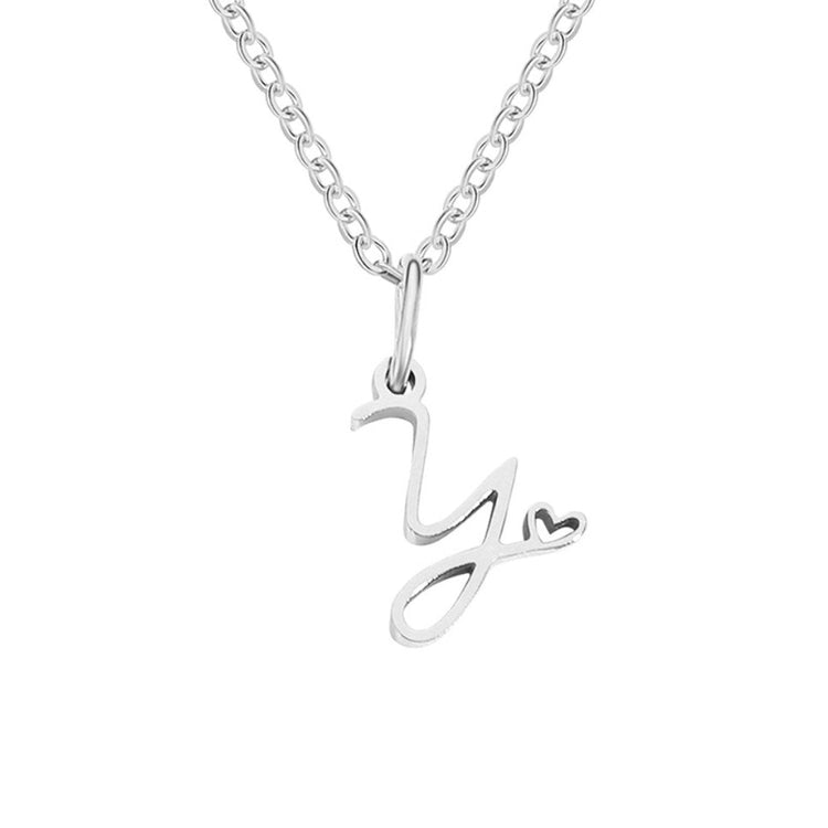 Silver Letter Heart Necklace, silver chain with a script letter Y pendant and small heart