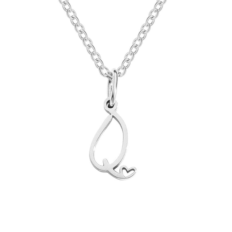 Silver Letter Heart Necklace, silver chain with a script letter Q pendant on white background