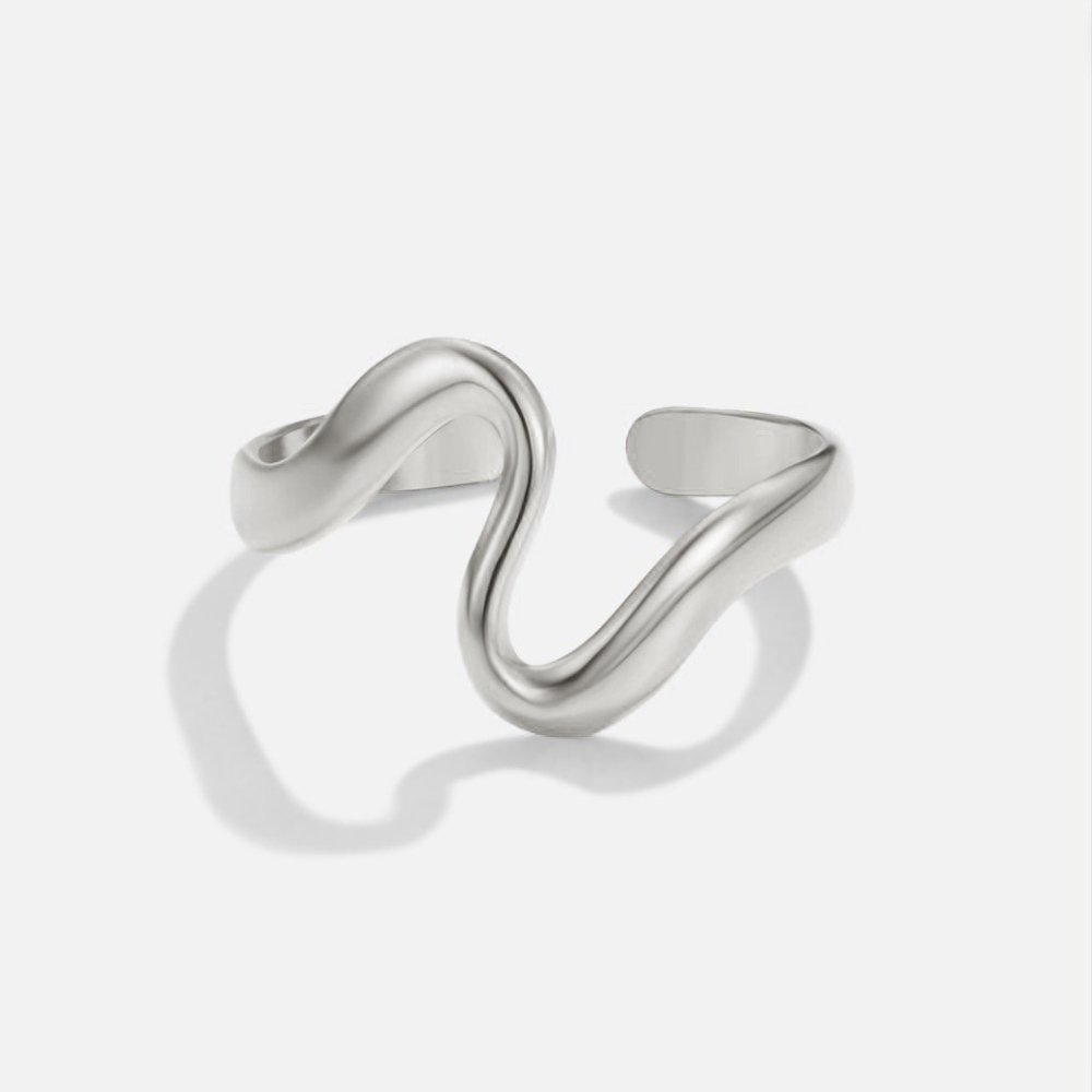 Silver Wave Ring, open wavy band on a plain white background, polished silver finish