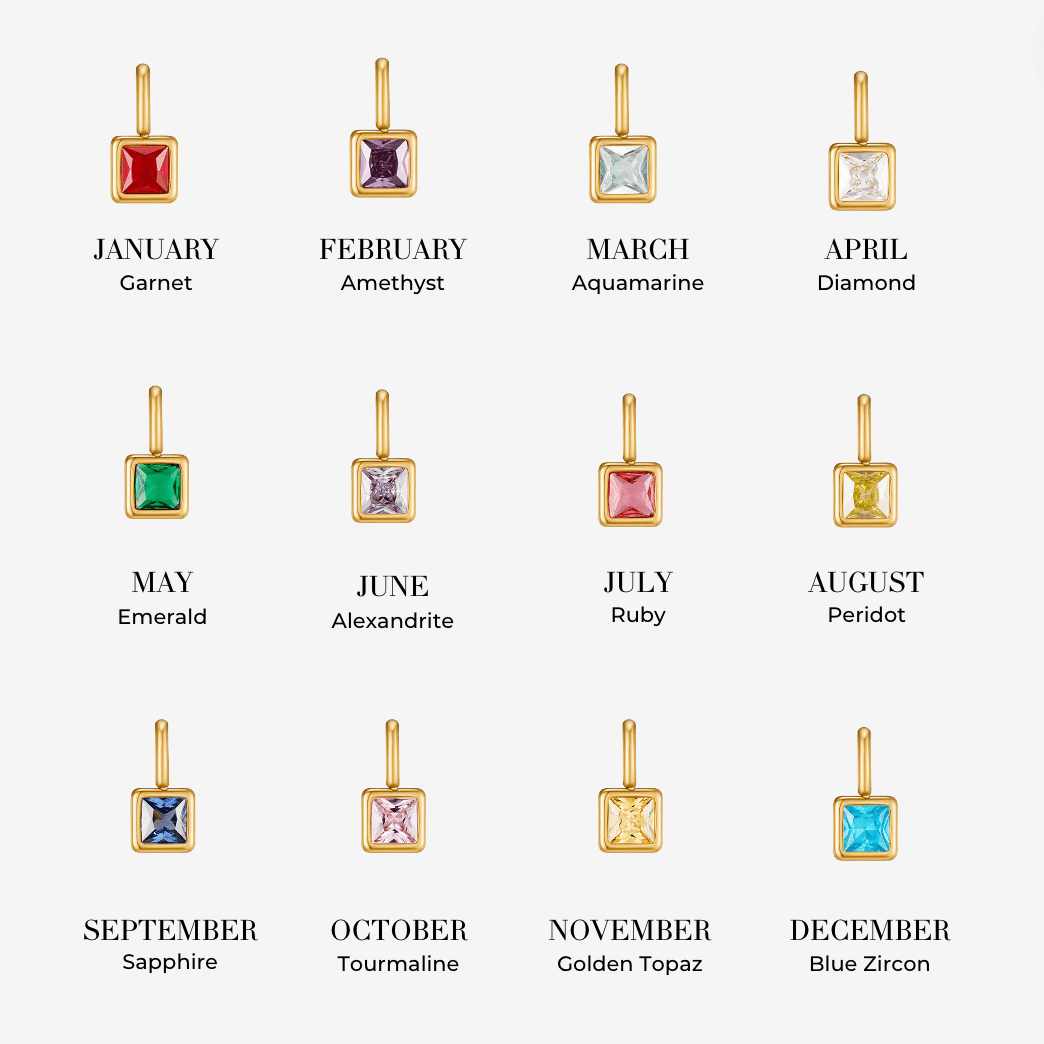 Square Pendant Birthstone Necklace, twelve gold square charms, one per birthstone month, with