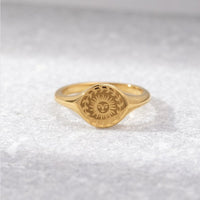 Summer Solstice Gold Ring, gold signet ring on pale stone, engraved sun with face