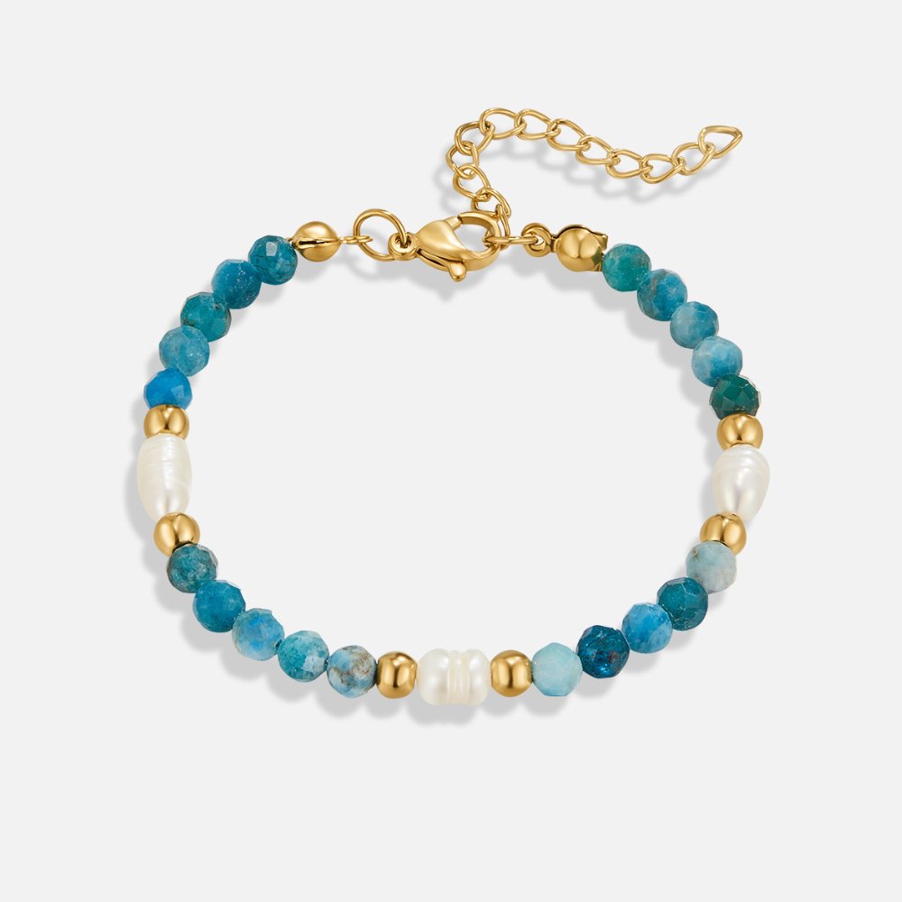 Turquoise Blue & Pearl Bead Bracelet, flat lay of beaded bracelet with gold clasp and extender
