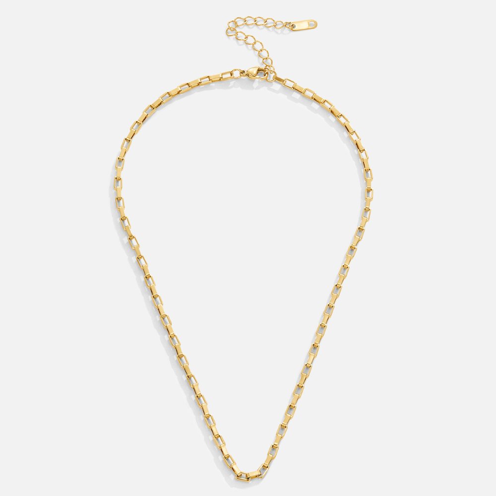 Venna Gold Chain Necklace, flat lay of gold box-link chain with extender and clasp
