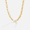 Venna Gold Chain Necklace, gold rectangular-link chain lying in a curve on a plain background