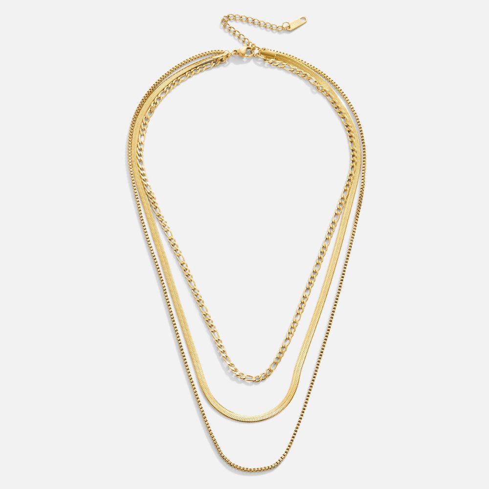 Vienna Layered Chain Necklace, flat lay of three gold chains of different link styles, layered