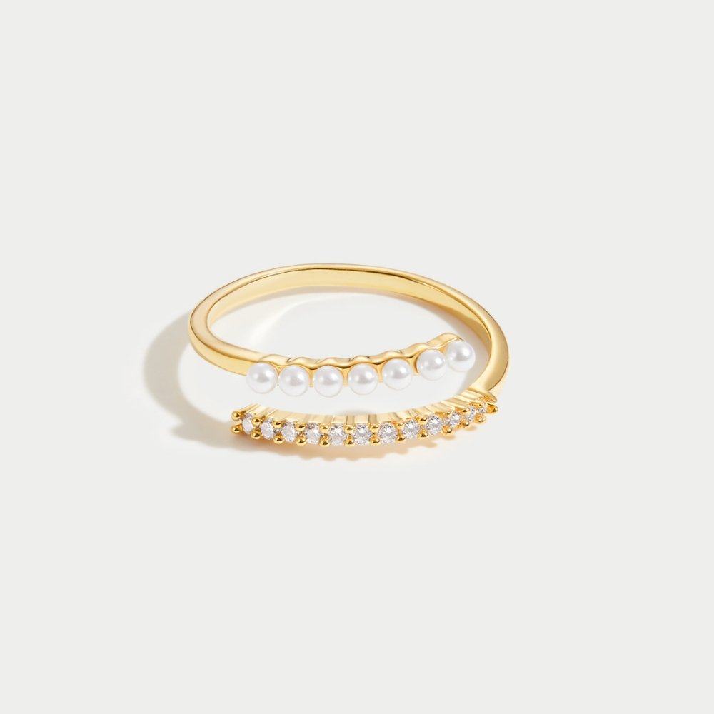 “Wrap Me” Pearl & Crystal Ring, gold open wrap ring with pearls and small crystals on white