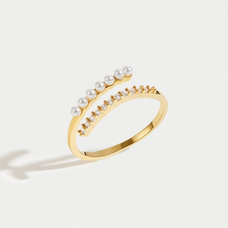 “Wrap Me” Pearl & Crystal Ring, open gold band with pearls and crystals on white backdrop